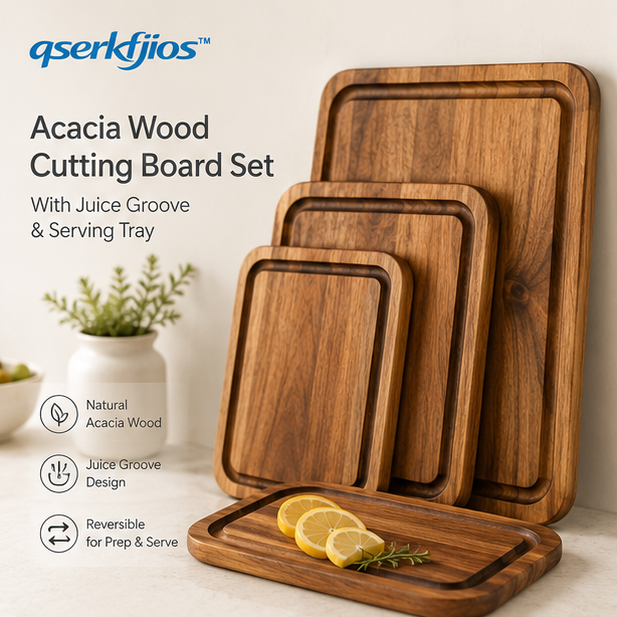 qserkfjios™ Acacia Wood Cutting Board Set with Juice Groove & Serving Tray