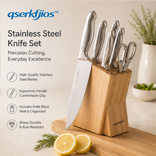 qserkfjios™ Stainless Steel Kitchen Knife Set with Block